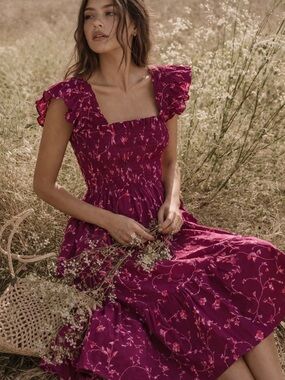 Hill house Ellie burgundy floral smocked midi nap dress